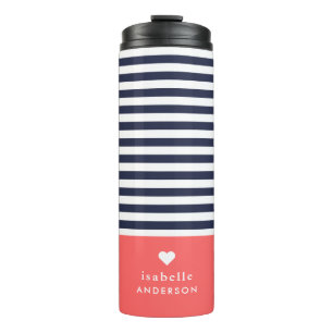 Navy Blue and Coral Chic Stripes Heft Monogram Thermosbecher