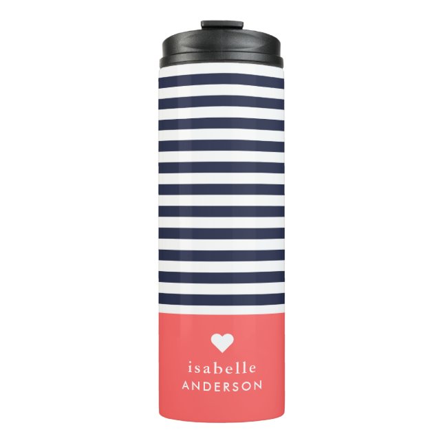 Navy Blue and Coral Chic Stripes Heft Monogram Thermosbecher (Vorderseite)