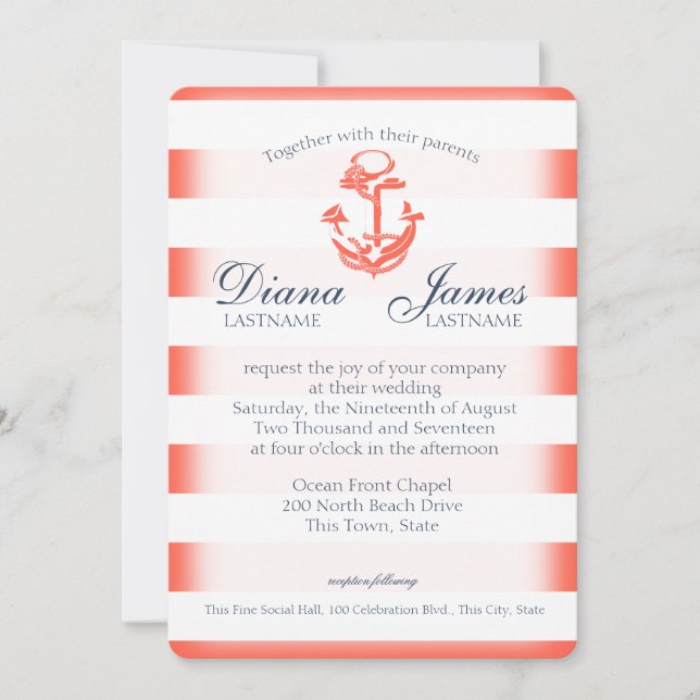 Navy Blue and Coral Stripe Nautical Wedding Einladung (Vorderseite)