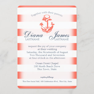 Navy Blue and Coral Stripe Nautical Wedding Einladung