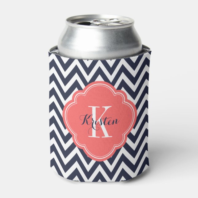 Navy Blue and Coral Zickzack Monogram Dosenkühler (Kanne Vorderseite)