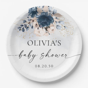Navy Blue and Dusty Rose Baby Shower Paper Plate Pappteller