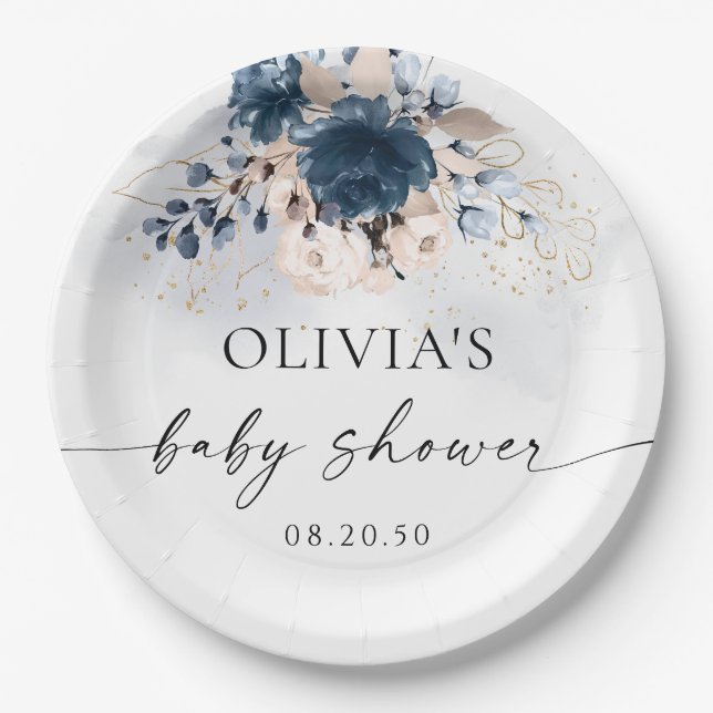 Navy Blue and Dusty Rose Baby Shower Paper Plate Pappteller (Vorderseite)