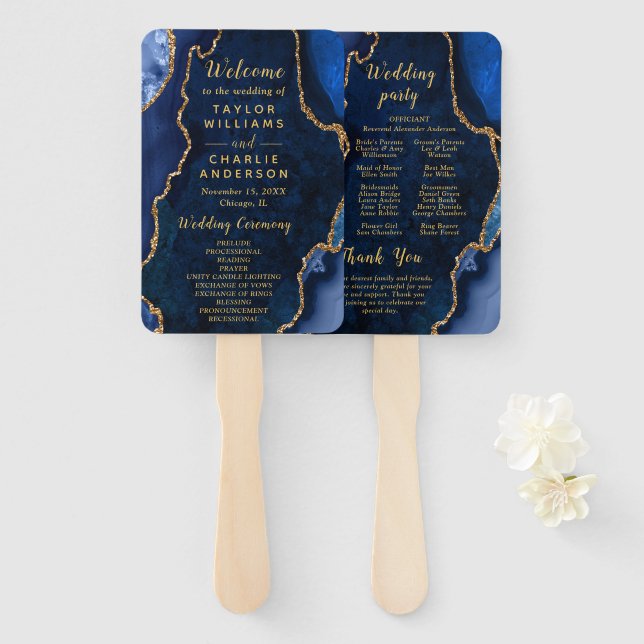 Navy Blue and Gold Agate Wedding Program Fächer (Vorne und Hinten)