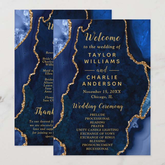 Navy Blue and Gold Agate Wedding Program Programm (Vorne/Hinten)
