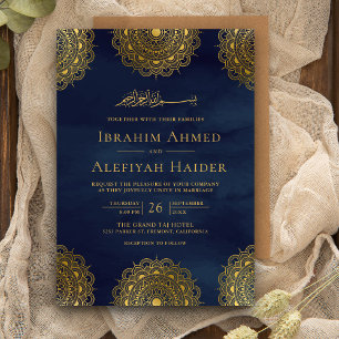 Navy Blue and Gold Asian Motif Muslim Wedding Einladung