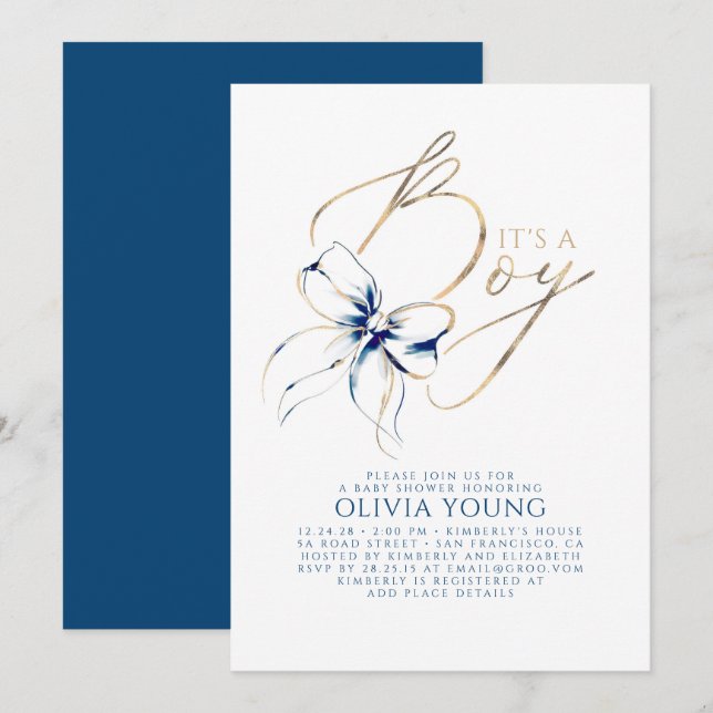 Navy Blue and Gold Bow Boy Baby Shower Einladung (Vorne/Hinten)