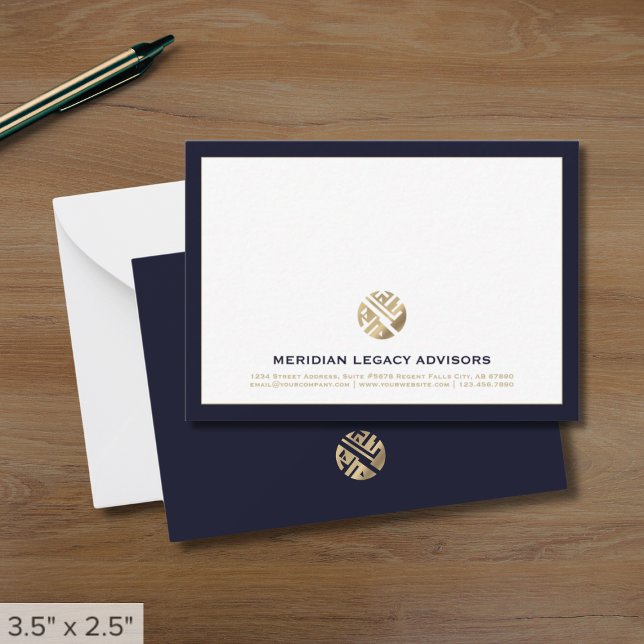 Navy Blue and Gold Business Note Card mit Logo Mitteilungskarte (Von Creator hochgeladen)