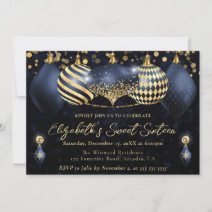 Navy Blue and Gold Christmas Baubles Sweet 16 Einladung