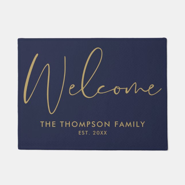 Navy Blue And Gold Custom Family Name Welcome Fußmatte (Vorderseite)
