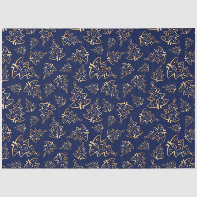 Navy Blue and Gold Elegant Christmas Trees Seidenpapier (Vorderseite)