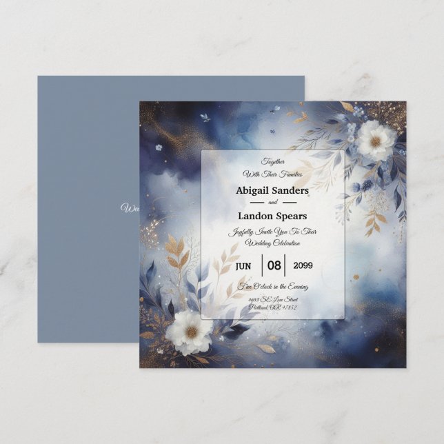 Navy Blue and Gold Floral Wedding  Einladung (Vorne/Hinten)