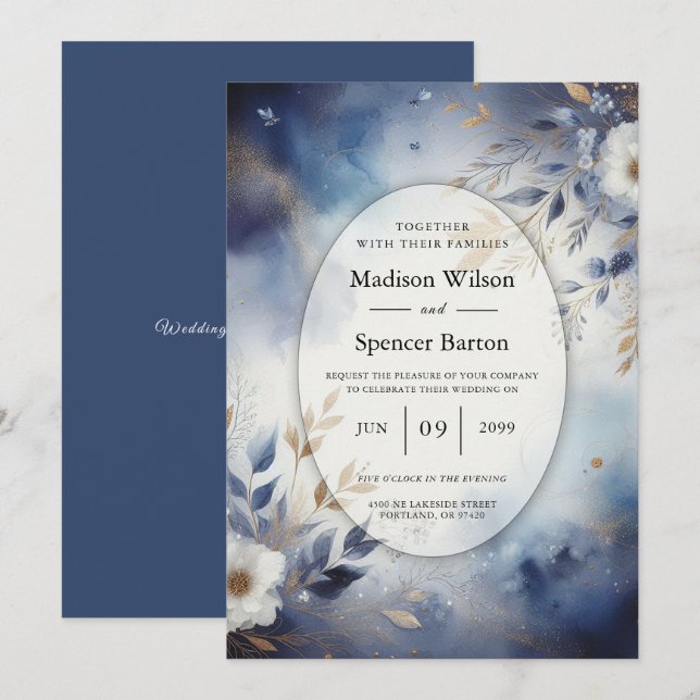 Navy Blue and Gold Floral Wedding Einladung (Vorne/Hinten)