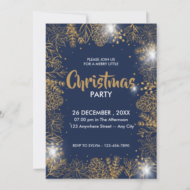 Navy Blue and Gold Foliage Frohe Weihnachtszeit Pa Einladung (Vorderseite)