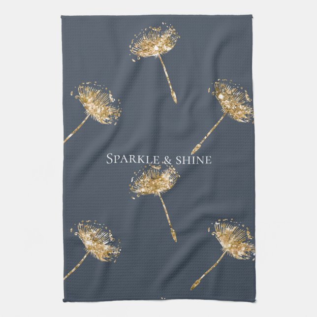 Navy Blue and Gold Imitate Glitzer Dandela Blume Geschirrtuch (Vertikal)