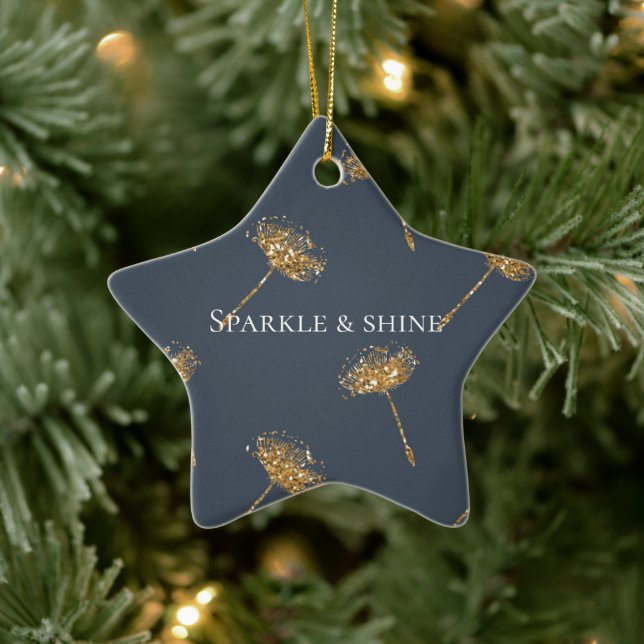 Navy Blue and Gold Imitate Glitzer Dandela Blume Keramik Ornament (Baum)