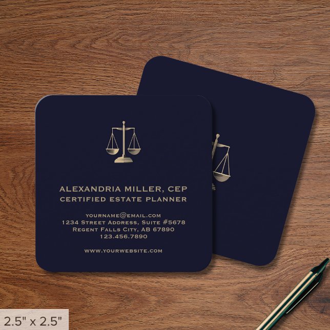 Navy Blue and Gold Justice Scales Quadratische Visitenkarte (Von Creator hochgeladen)