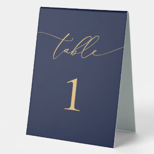 Navy Blue and Gold Minimalistisch Wedding Tischnum Tischaufsteller