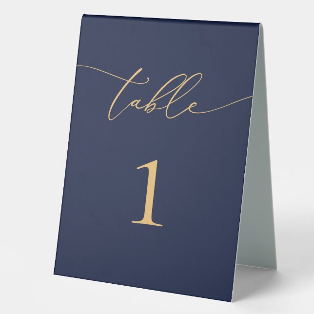 Navy Blue and Gold Minimalistisch Wedding Tischnum Tischaufsteller (Vorderseite)
