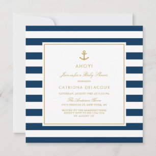 Navy Blue and Gold Nautical Stripes Baby Dusche Einladung