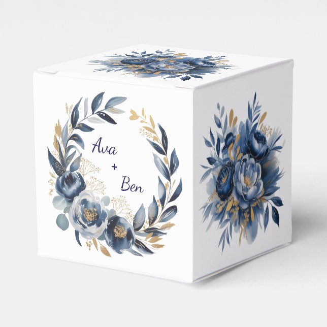 Navy Blue and Gold Peony Flower Wedding Geschenkschachtel (Vorderseite)
