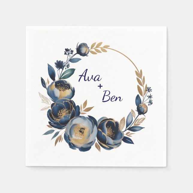 Navy Blue and Gold Peony Flower Wedding Serviette (Vorderseite)
