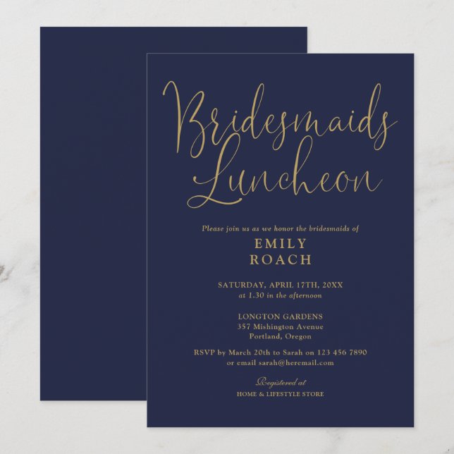 Navy Blue and Gold Script Bridesmaids Luncheon Einladung (Vorne/Hinten)