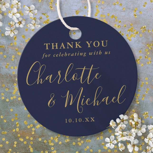 Navy Blue and Gold Script Wedding Vielen Dank Geschenkanhänger (Navy Blue And Gold Script Wedding Thank You Favor Tags)