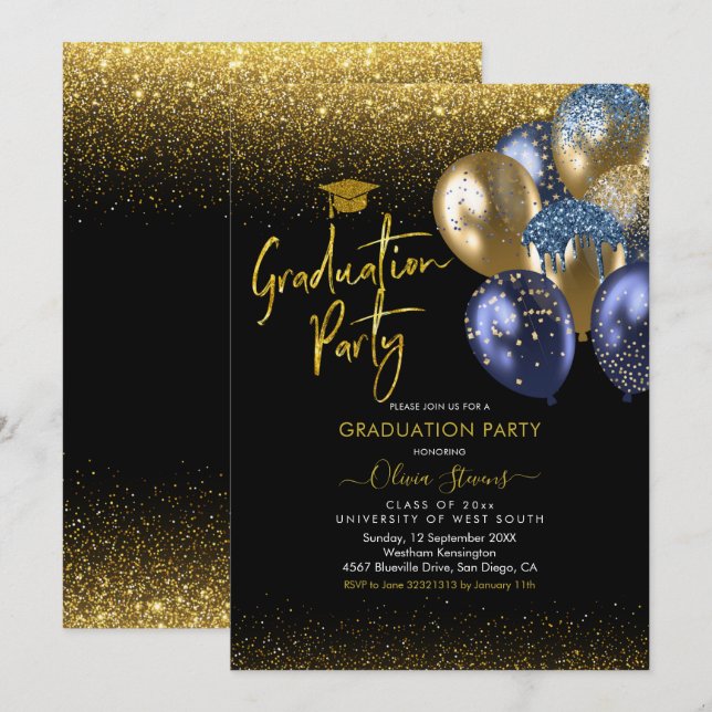 Navy Blue and Gold Sparkling Graduing Party Einladung (Vorne/Hinten)