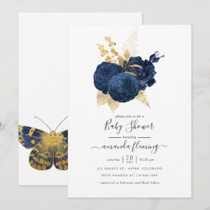 Navy Blue and Gold Vintag Rose Baby Dusche Einladung