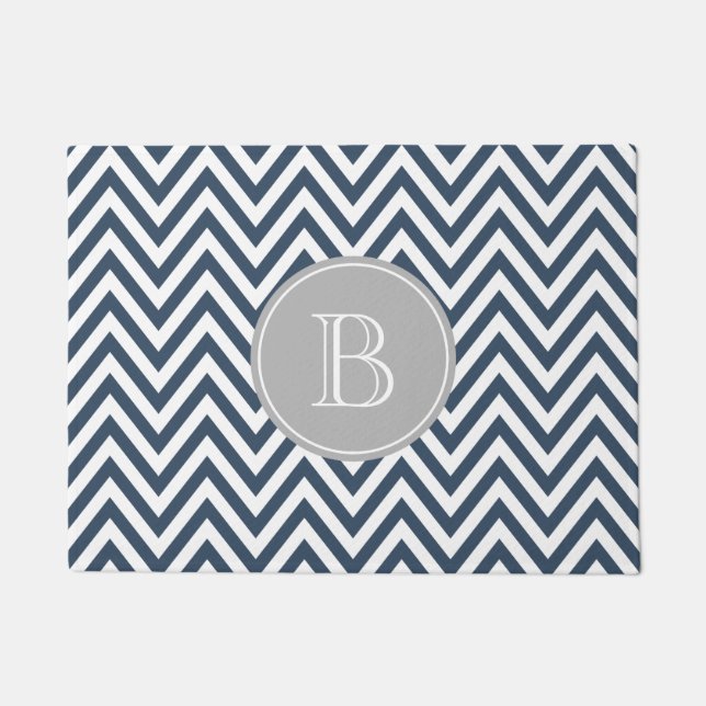 Navy Blue and Grau Zickzack Custom Monogram Fußmatte (Vorderseite)