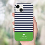 Navy Blue and Green Chic Stripes Heft Monogram Case-Mate iPhone 14 Hülle<br><div class="desc">Stilvolle, individuelle Telefonzelle in grün, marineblau und weiß. Dieses Design zeichnet sich durch ein klassisches marinebasiertes und weiß gestreiftes Muster aus. Personalisieren Sie es mit Ihrem Namen Monogramm oder anderen benutzerdefinierten Text mit einem niedlichen Herzsymbol. Verwenden Sie die Designtools, um Hintergrundfarben auszuwählen, Schriftart und Farben zu bearbeiten und eigene Fotos...</div>