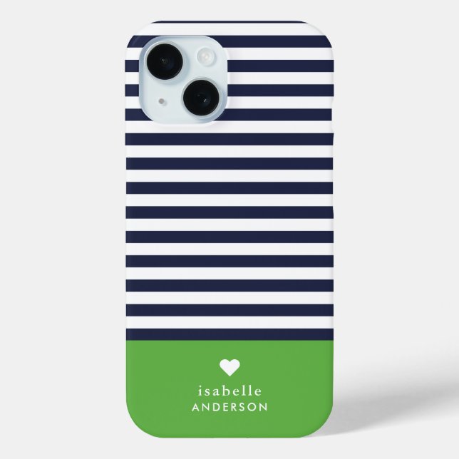 Navy Blue and Green Chic Stripes Heft Monogram Case-Mate iPhone Hülle (Rückseite)