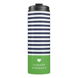 Navy Blue and Green Chic Stripes Heft Monogram Thermosbecher
