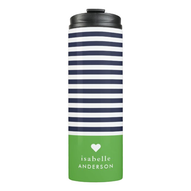 Navy Blue and Green Chic Stripes Heft Monogram Thermosbecher (Vorderseite)