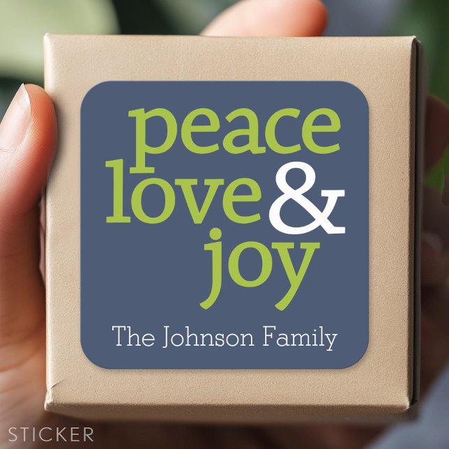 Navy Blue and Green - Frieden, Liebe und Freude Quadratischer Aufkleber (Custom Sticker)