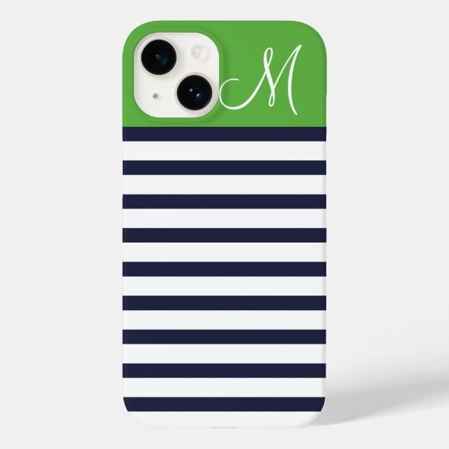 Navy Blue and Green Preppy Strips Custom Monogram Case-Mate iPhone 14 Hülle (Rückseite)