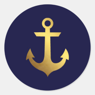 Navy Blue and Imitate Gold Foil Anchor Runder Aufkleber