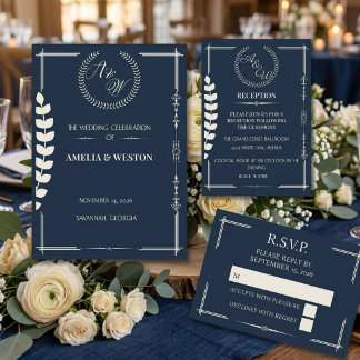 Navy Blue and Ivory Elegant Formal Wedding RSVP  Karte