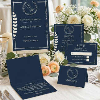 Navy Blue and Ivory Elegant Monogram  Save The Date