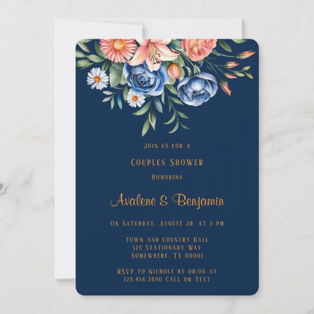 Navy Blue and Orange Peony Couples Dusche Einladung (Vorderseite)