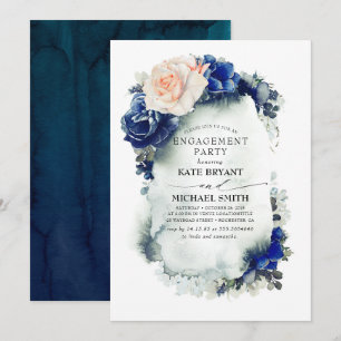 Navy Blue and Peach Floral Modern Engagement Party Einladung