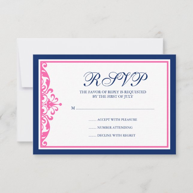 Navy Blue and Pink Blüh Response Card RSVP Karte (Vorderseite)