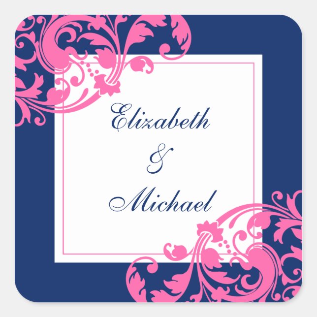Navy Blue and Pink Blühend Wirbel Hochzeiten Quadratischer Aufkleber (Vorderseite)