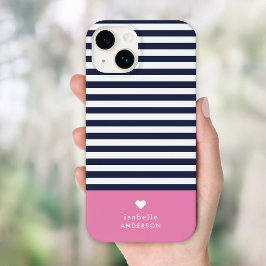 Navy Blue and Pink Chic Stripes Heftmonogramm Case-Mate iPhone 14 Hülle