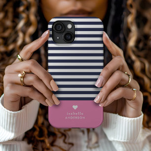 Navy Blue and Pink Chic Stripes Heftmonogramm Case-Mate iPhone Hülle