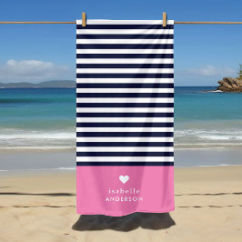 Navy Blue and Pink Chic Stripes Heftmonogramm Strandtuch