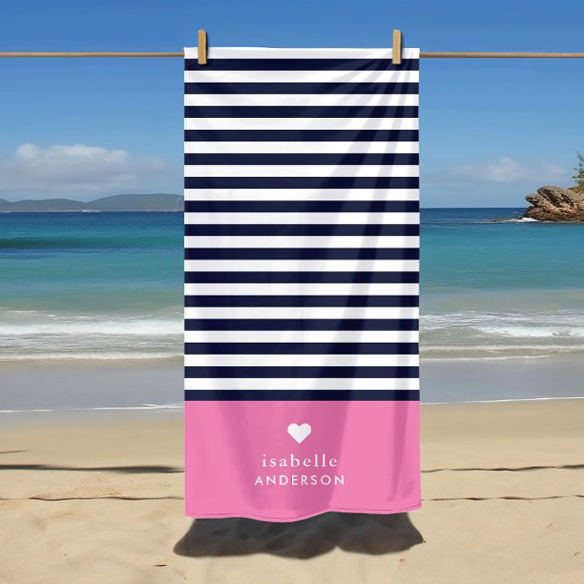Navy Blue and Pink Chic Stripes Heftmonogramm Strandtuch (Von Creator hochgeladen)