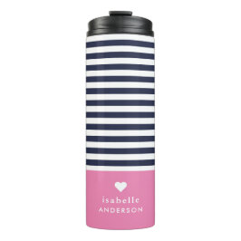 Navy Blue and Pink Chic Stripes Heftmonogramm Thermosbecher