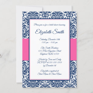 Navy Blue and Pink Damask Brautparty Einladung